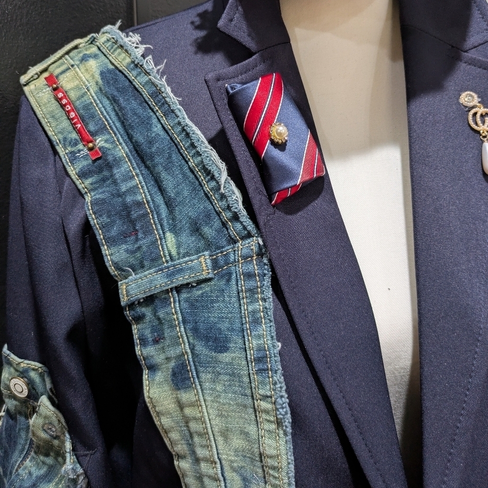 Navy And Red Blazer with Distressed Denim Patchwork - Picture 3 of 4